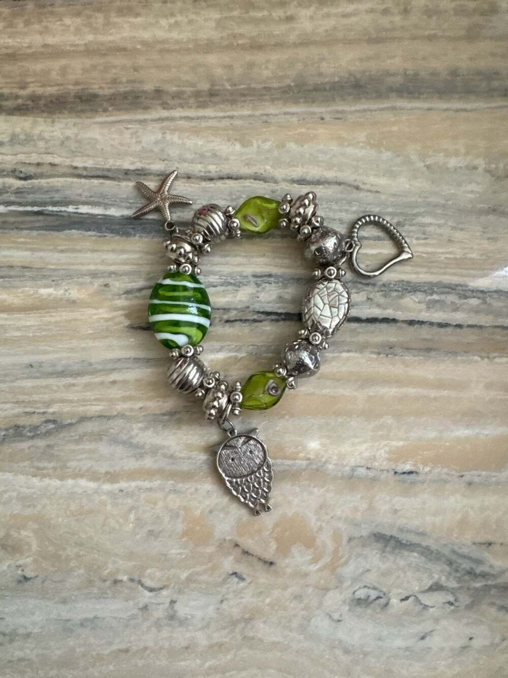 Green Glass Bead Charm Bracelet with Owl Starfish and Heart Charms